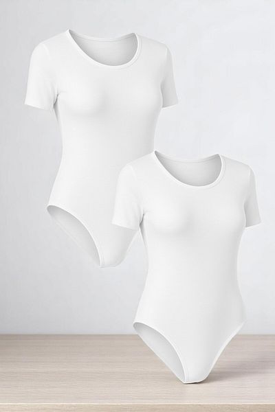 QKK Women's Cotton Lycra Combed Cotton Short Sleeve Crew Neck White 2-Piece Snap Body