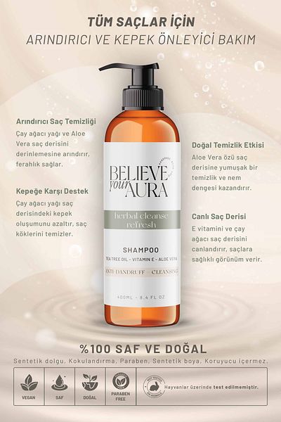 Believe Your Aura Tea Tree Oil Shampoo - Anti-Dandruff and Purifying Natural Hair Care Shampoo - 400 ml