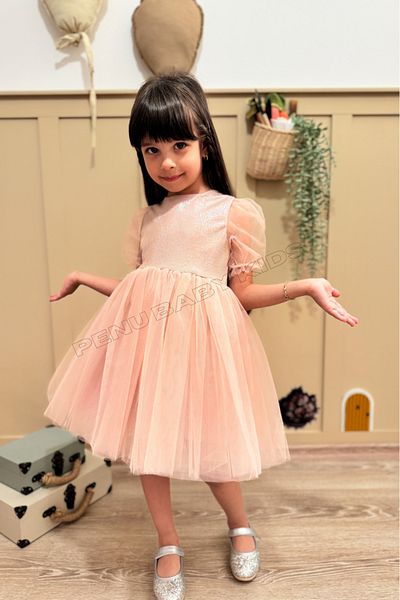 penu baby kids Powder Short Balloon Tulle Sleeve Detailed Baby Girl Dress with Tutu at the Bottom