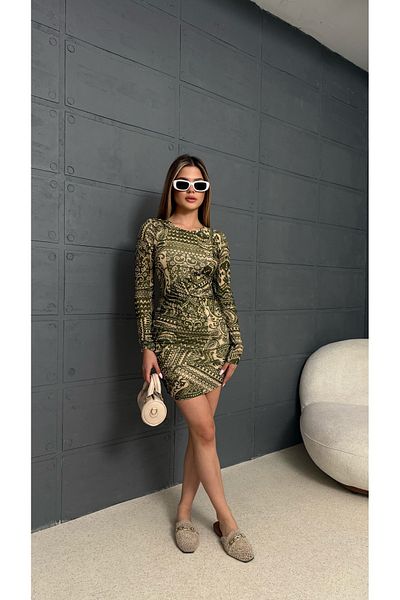 TİENDEROPA Women's Long Sleeve Patterned Body Fitted Shirred Mini Dress