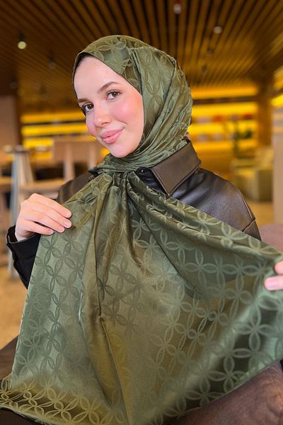 Sultan Eşarp Sultan Jacquard Shawl - Flower Pattern - Slj001-09 - Khaki