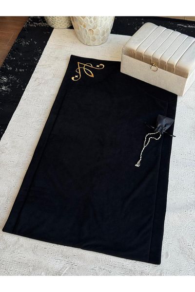 CREARTHOME Black with Gold Box 4 Pieces Men's Prayer Mat Groom's Bundle Dowry Set Special Production
