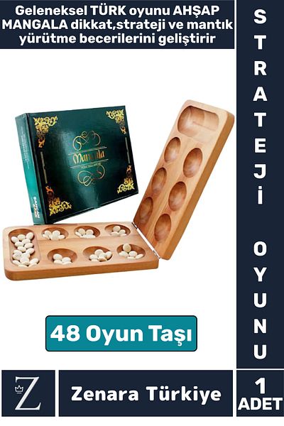 Zenara Traditional Turkish Strategy Attention Logic Intelligence Developing Fun Game Large Size Wooden Mangala
