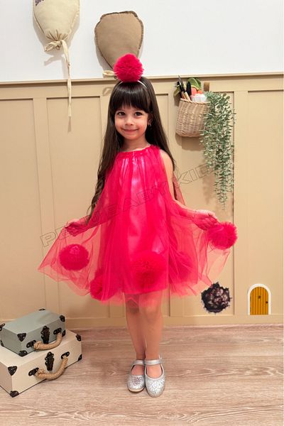 penu baby kids Fuchsia Sleeveless Baby Girl & Girl's Dress with Pompom Hem and Pompom Crown - Lara