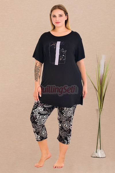 quilling Black Color and Flower Pattern 10729 Cotton Big Size Leggings and Capri Maternal Pajamas