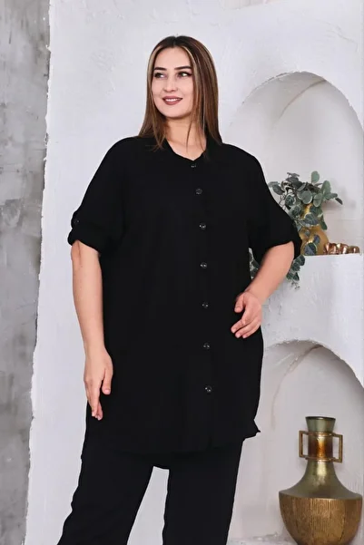 Sevda Kılınç Large Size Plain Woven Viscose Shirt