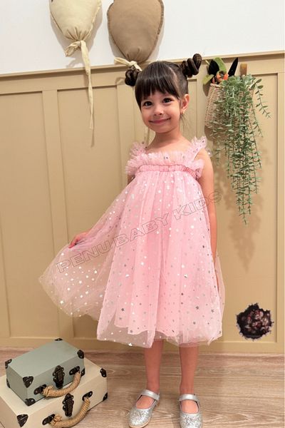 penu baby kids Pink Star Printed Tulle Ruffle Strap Sleeve Cotton Lined Girl's Baby Girl Dress