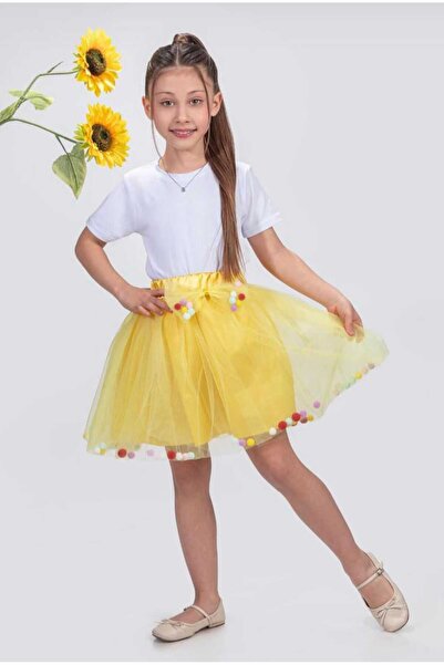 ESKİŞEHİR YUMURCAK KIZ ÇOCUK PONPONLU VE KURDELA DETAYLI SARI RENK TÜTÜ ETEK-...