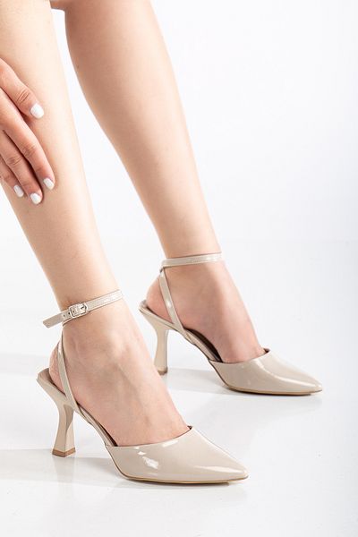 sv savves Women's Beige Ankle Strap Heeled Shoes