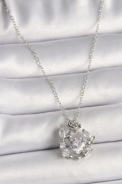 Skygo 316L Steel Silver Color Chain Zircon Stone Heart Figure Rose Detail Women's Necklace - Tj-Bko9809