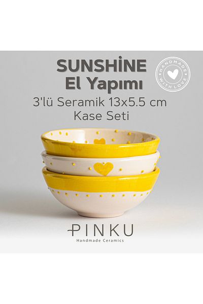 PINKU Ceramics Sunshine Handmade Ceramic Bowl Set of 3 - 13X5.5 cm (for Dessert, Jam, Olive, Cheese and Snack)