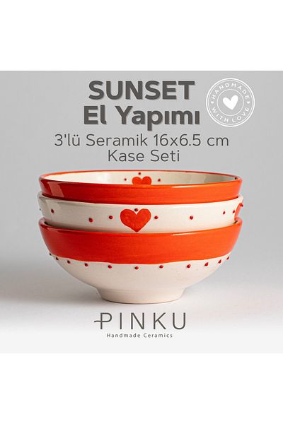PINKU Ceramics Sunset |   Handmade 16X6.5 cm Set of 3 Ceramic Bowls – Ideal for Granola, Salad & Gift