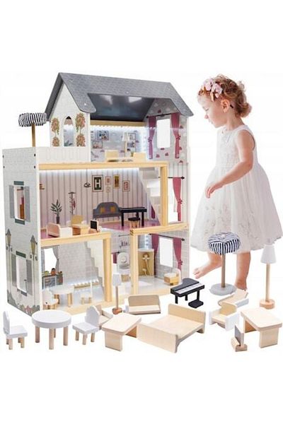indiggo Casă de păpuși Dream House din lemn cu iluminare LED, 3 niveluri, 4 camere, terasă, scări, 16 piese de mobilier