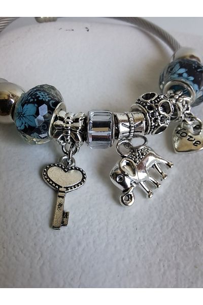 BHR AKSESUAR Silver Elephant Key Heart Charm Bracelet