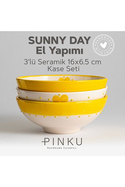 PINKU Ceramics Sunny Day Ceramic Handmade 16X6.5 cm Set of 3 Bowls - (Ideal for Granola, Salad, Pasta)
