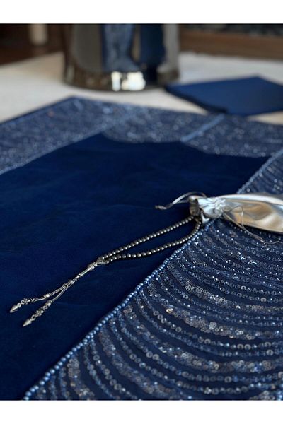 CREARTHOME White Bowknot Embroidered Blue Piece Women's Prayer Rug Bride Dowery Set Special Production