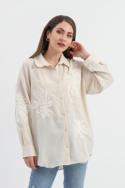 Genel Markalar Pulpayet Nakışlı Keten Gömlek - Bej