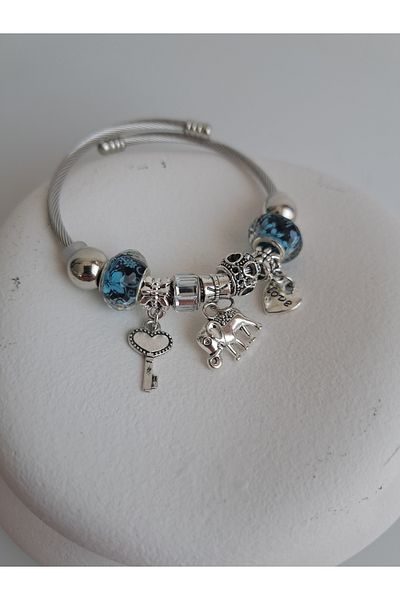 BHR AKSESUAR Silver Elephant Key Heart Charm Bracelet