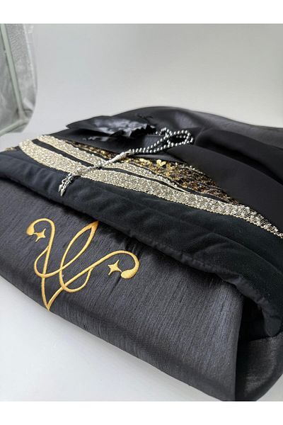 CREARTHOME Black Bowknot Embroidered 5 Pieces Women's Prayer Rug Bride Dowery Set Special Production