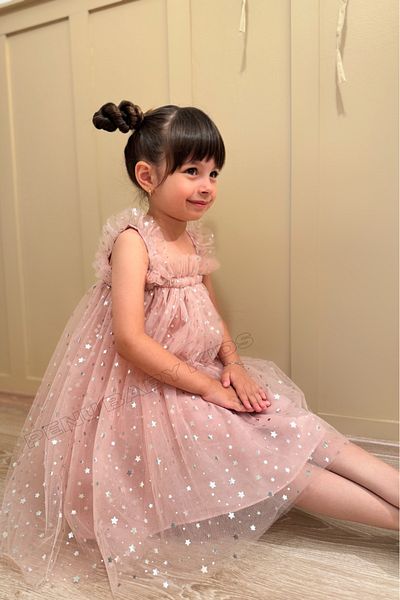 penu baby kids Powder Star Printed Tulle Ruffle Strap Sleeve Cotton Lined Girl's Baby Girl Dress