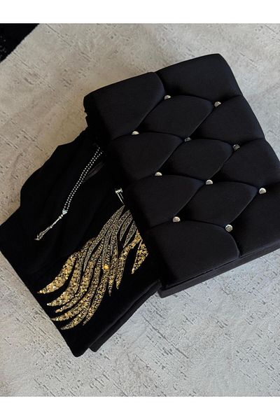 CREARTHOME Black Boxed 5 Pieces Women's Prayer Rug Bride's Dowry Set Black Embroidered Special Production