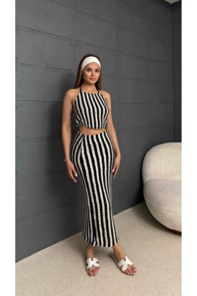 TİENDEROPA Set de tricotaje cu dungi pentru damă, crop top și fustă maxi cu f...