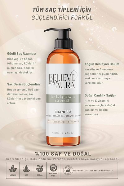 Believe Your Aura Indian and Borage Oil Shampoo - Strengthening Natural Hair Care Shampoo - 400 ml