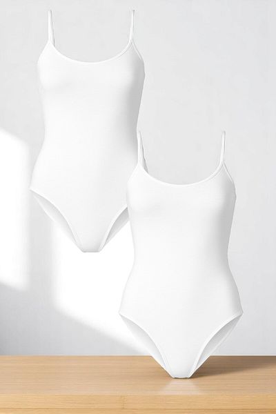 QKK Women's Cotton Lycra Combed Thin Strap White 2-Piece Snap Body