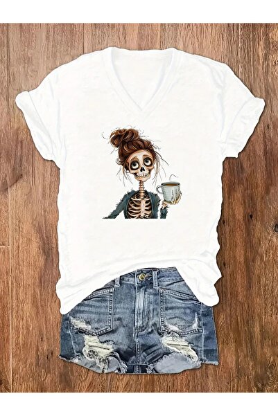 WOODROFFE Kadın V yaka Kahve Kolik İskelet Baskılı Tişört Salaş