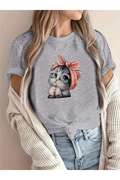 WOODROFFE Ženska slatka mačka Štampano Oversize kroj široka okrugla kragna T-...