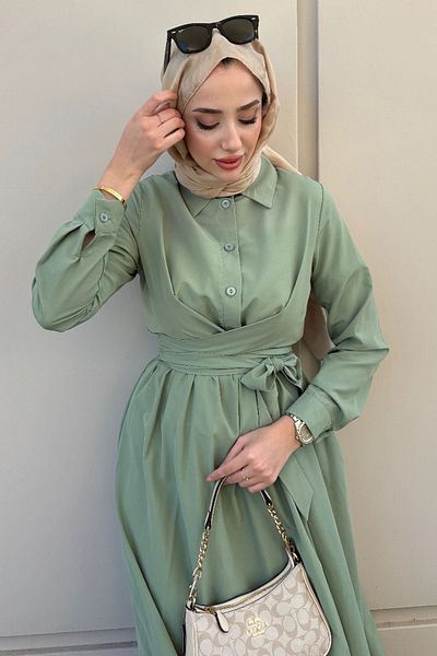 Tesettür Diyarı Φόρεμα Hijab από ύφασμα Tricot με λεπτομέρεια με κορδόνια