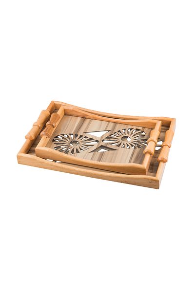 Dania A set of wooden trays and bowls with metal handles and a beautifully engraved glass-covered base.