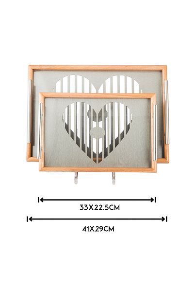 Dania A set of wooden trays and bowls with metal handles and a beautifully engraved glass-covered base.