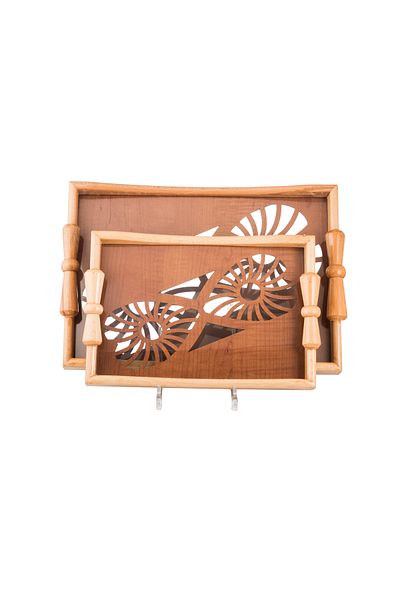 Dania Wooden Tray Set with Metal Handles and Engraved Glass Surface
