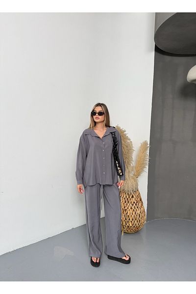 BEJNA Women's Gray Oversize Modal Shirt Pants Set