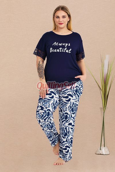 quilling Navy Blue Color and Patterned 11024 Short Sleeve Crew Neck Women's Plus Size Mother Pajama Set