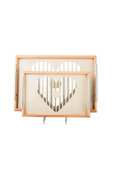 Dania A set of wooden trays and bowls with metal handles and a beautifully engraved glass-covered base.