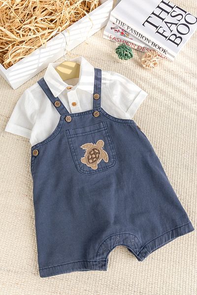 Babymod Figured Denim Stylish Summer Baby Boy Salopet Jumpsuit Set