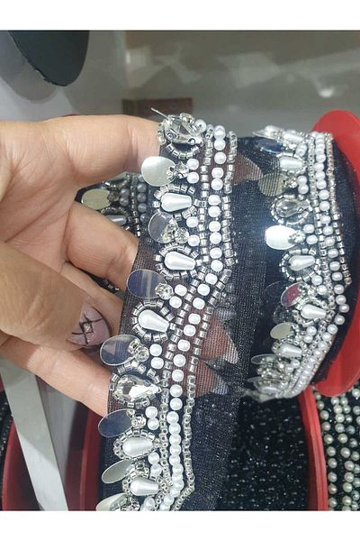 ESRA ŞELEM Black Tulle Piping Stone and Pearl Detailed Decorative Ribbon Accessory Applique Sewing Accessory