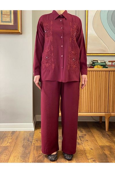 DEFNECE BUTİK Κέντημα και Πέτρα Κεντημένο Διπλό Σετ - Claret Red