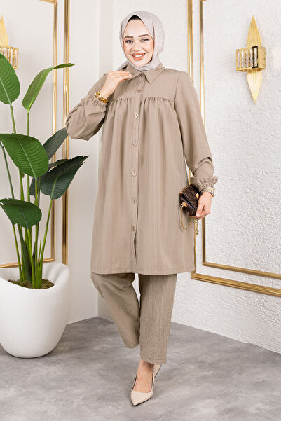 Tesettür Dünyası Διπλό κοστούμι με κουμπί TSD250172 Mink
