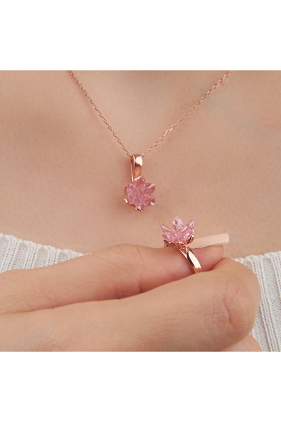 Siset Gümüş 925 Ayar Rose Kaplama Pembe Zirkon Taşlı Lotus Çiçeği Kolye - Yüzük İkili Gümüş Set