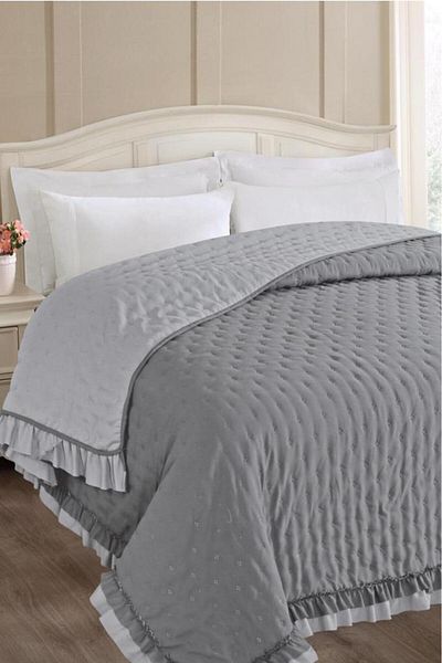 Çeyiz Diyarı Adriana Ruffled Fiber Filled Double Size 200X220 cm Bedspread Without Pillowcase Anthracite