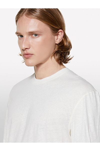 Sisley Linen Blend Crew Neck Regular Fit T-Shirt Men's Cream T-Shirt - 325P3D8Fs104L