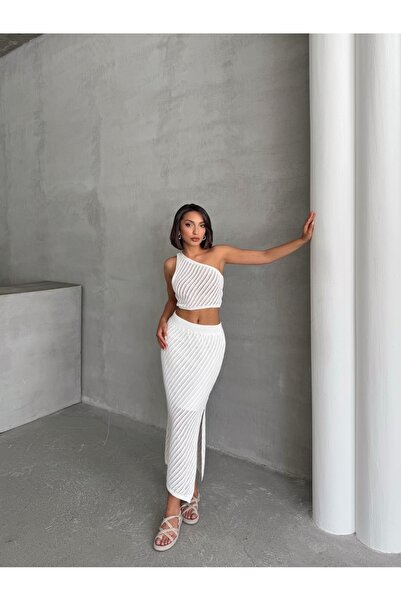 BEJNA Women's Ecru Openwork Summer Knitwear Crop Skirt Set