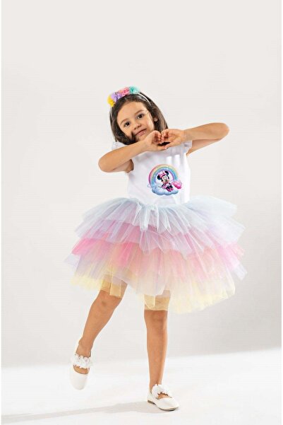 YAĞMUR KOStütüM Taç Hediyeli Minnie Mouse Gökkuşağı Temalı Kız Çocuk Beyaz Do...