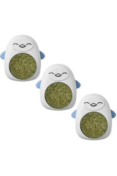 Evelise Set of 3 Toys for Cats, Penguin Pattern, 360° Rotating Catnip Ball, 6 cm, Blue