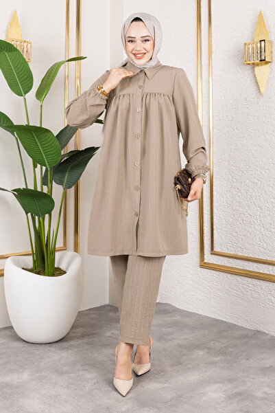 Tesettür Dünyası Διπλό κοστούμι με κουμπί TSD250172 Mink
