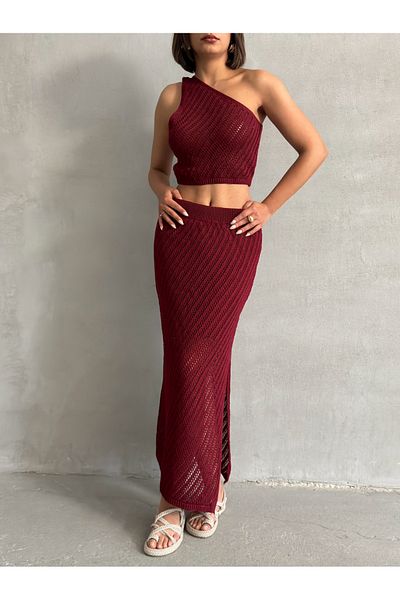 BEJNA Women's Burgundy Openwork Summer Knitwear Crop Skirt Set