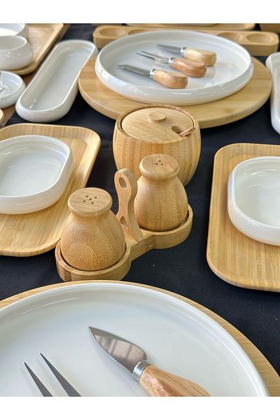 MD MİMOZA DEKOR Breakfast Set 112 Pieces for 12 Square Bamboo&White